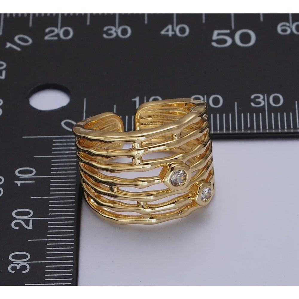 14K Gold Plated Wide Multiple Bamboo Geometric CZ Band Statement RingAdjustable - Picture 4 of 5